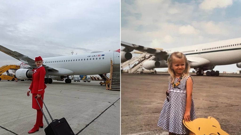 Una niña aficionada a la aviación se tomó una foto junto a un avión en 1999 y la recreó 20 años después